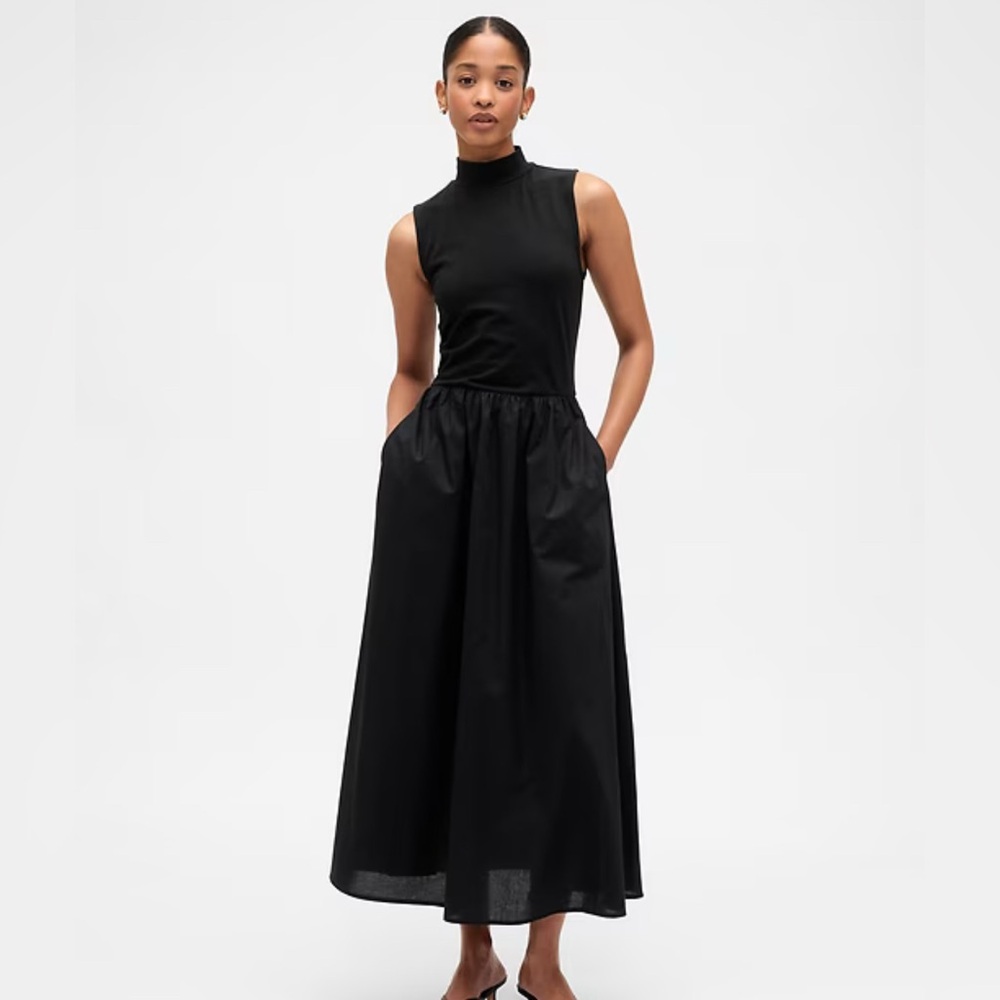 Zara Black Sleeveless Midi Dress with High Neck